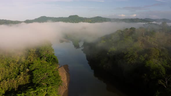 Aerial Drone View of Costa Rica Rainforest Landscape with River and Mountains, Amazing Nature and Mi