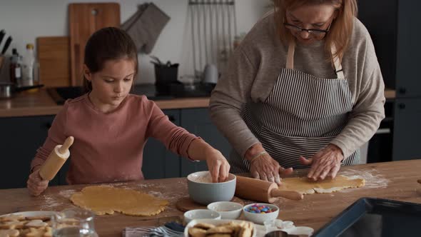 Caucasian girl preparing homemade cookies with grandmother. Shot with RED helium camera in 8K