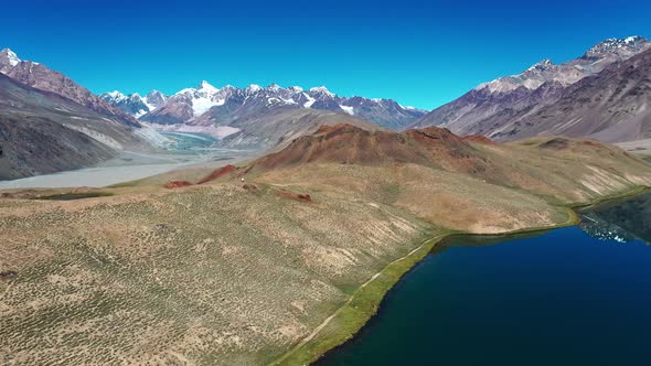 Aerial Shot Revealing Mountains , Glacier and River in the Backdrop of Chandratal Lake, Spiti