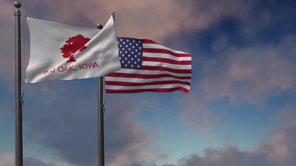 Red Oak, Iowa City Flag Waving Along With The National Flag Of The USA - 2K