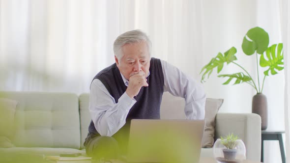 lderly asian man sitting on sofa and using computer laptop working online celebrating smile cheerful