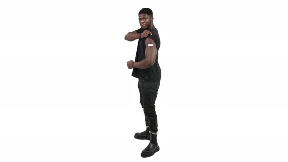 Handsome Elegant African American Showing Arm with Plaster on White Background Full Body Isolated