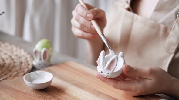 Happy Easter Handcraft Woman Painting Easter Bunny Made From Cold Porcelain Stand for Easter Eggs