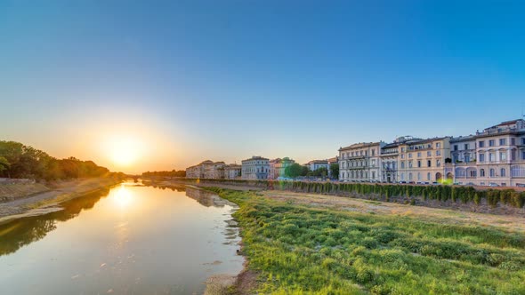 Scenic Sunset Skyline View of Tuscany City, Housing, Buildings and Arno River, Colorful Sky