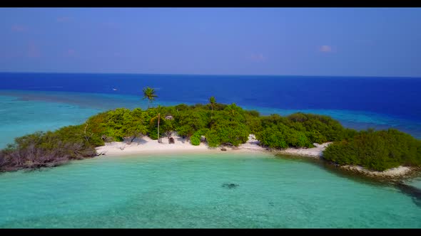 Aerial nature of luxury lagoon beach voyage by blue sea and white sand background of a dayout in sun