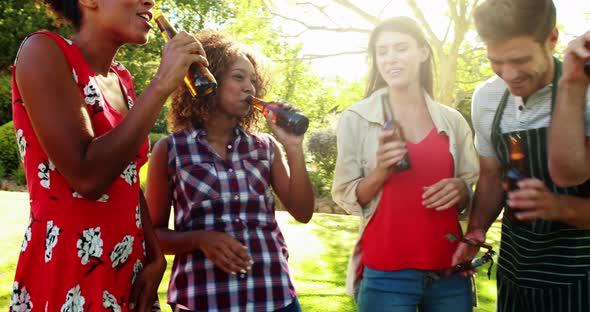 Group of friends toasting a beer bottle in park