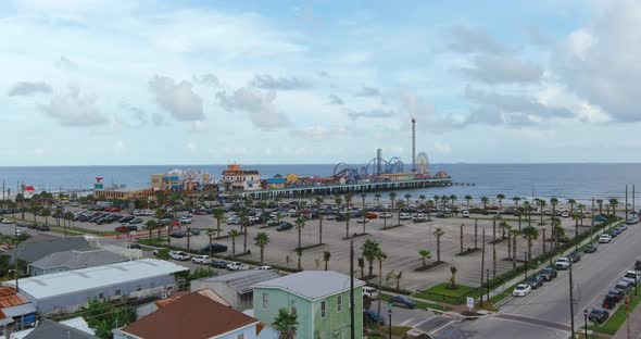 Aerial view of Pier off the coastal area of Galveston Island Texas