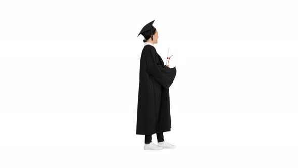 Happy Graduate Woman Holding Diploma and Thumb Up on White Background