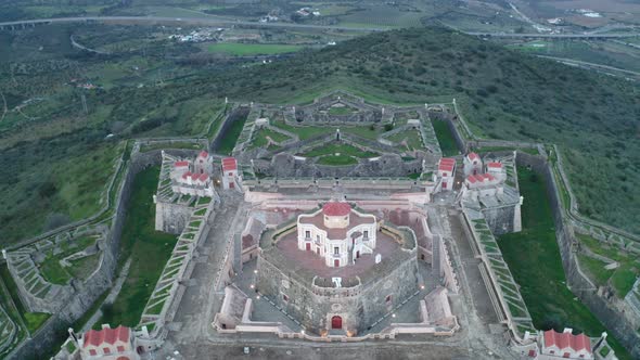 Aerial drone view of Forte Nossa Senhora da Graca fort in Elvas, Portugal