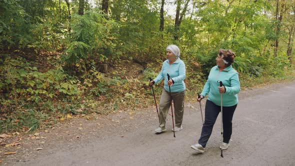 Elderly Senior Women Practicing Nordic Walking Outdoors