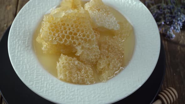 Honey and Honeycombs on a White Plate