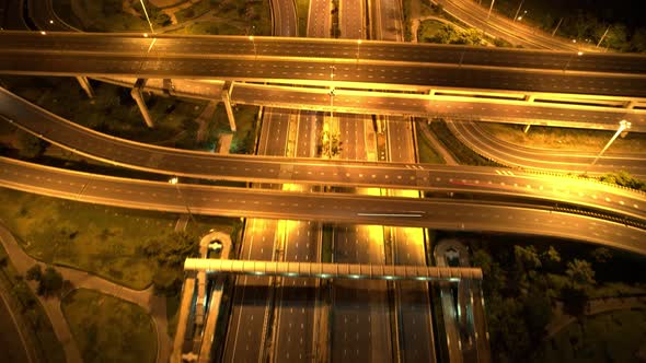 Drone flying over interchange and multi junction road