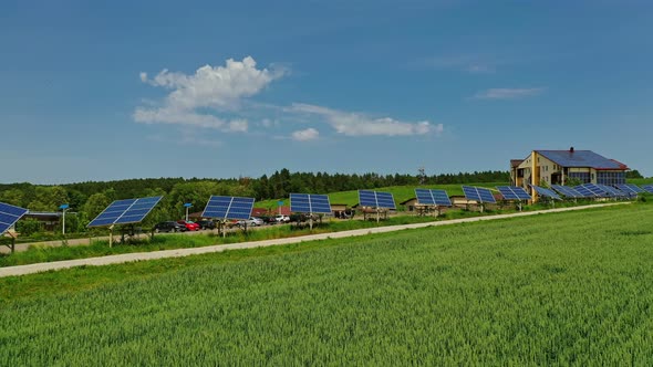 Sunny batteries on green field