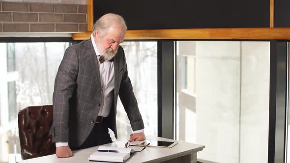 Handsome Mature Businessman in Classic Suit and Eyeglasses Working in His Office.