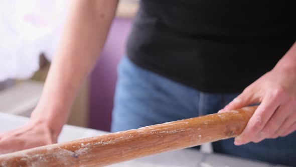 Apple Pie Cake Preparation Series  Woman Pours Flour to Wooden Rolling Pin