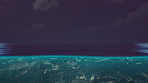 Split View Over and Under Water in the Caribbean Sea with Clouds