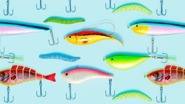 Assorted colourful fish bites. Set of wobblers. Lures and fish-hooks for angling
