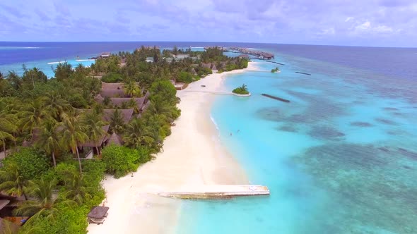 Aerial view of amazing bungalow resort, Maldives island.