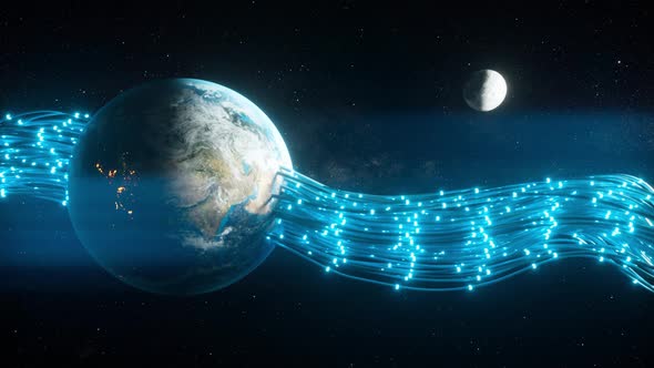 Wires Passing Through the Planet Earth and Giving It Energy. The Pulses Run Along the Fiber Optic