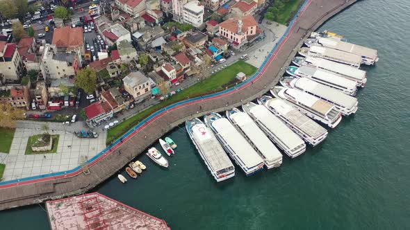 Aerial view of ferry boats docked at a port on the Bosphorus River in Karakoy Istanbul Turkey on a c