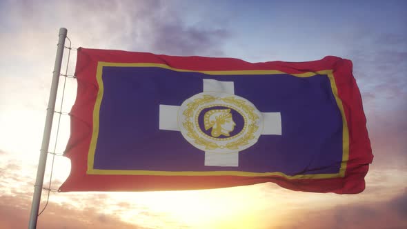 Flag of Athens Capital City of Greece Waving in the Wind Sky and Sun Background