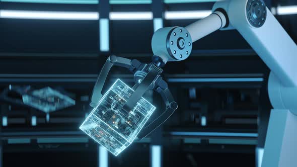 Mechanical arm and cube in a futuristic room