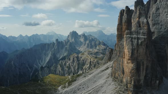 Tre Cime Di Lavaredo Rocks Close Up From Drone