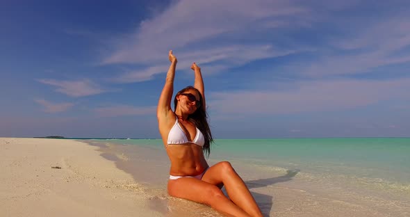 Pretty Fun Woman Traveling by The Sea at The Beach on Sunny Blue and White Sand