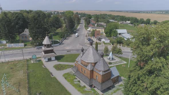 Aerial view of a wooden monastery