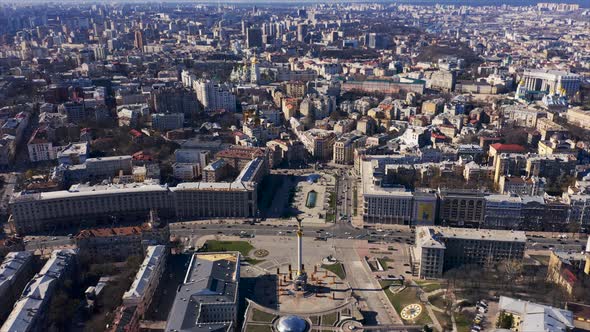 Maidan Nezalezhnosti Square. Revolution Place in Kyiv (Kiev), Ukraine. Khreshchatyk Street. Aerial