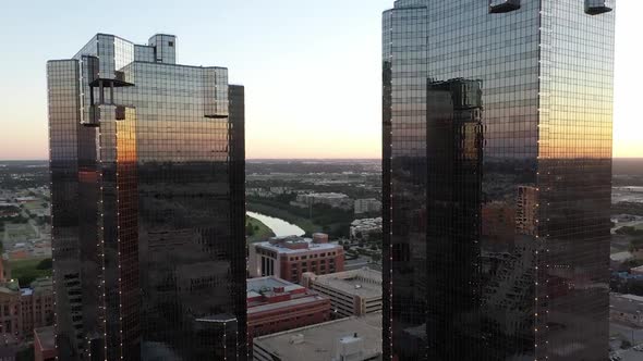 Drone footage of downtown Fort Worth, Texas skyscrapers and buildings at sunset