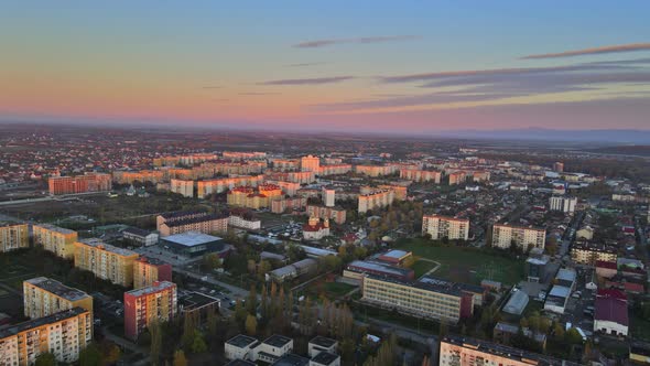 Amazing Late Sunset Aerial View in the Residential Area on Uzhhorod City Zakarpattya