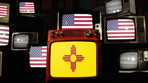 New Mexico State Flag and US Flag on Retro TVs.