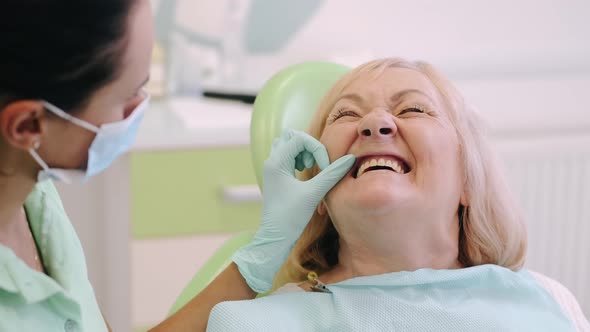 Female Dentist Examining Elderly Woman s Teeth in the Office