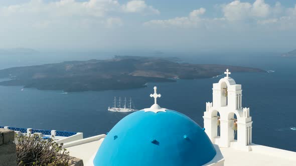 Aegean Sea with View To Virgin Mary Catholic Church Three Bells of Fira, Santorini