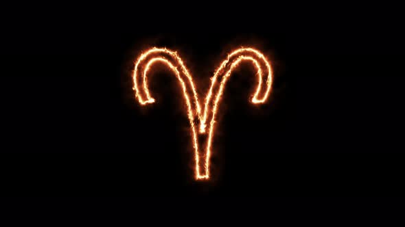 Zodiac signs Aries on fire. Symbol animation burning in a flame on a black background