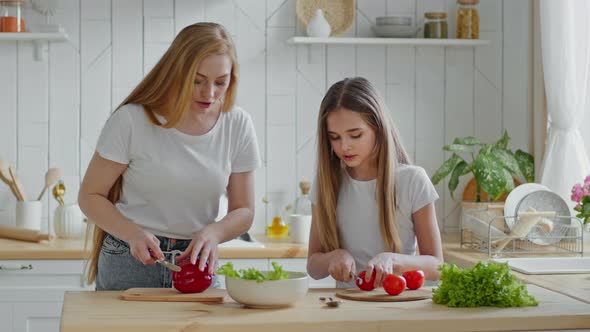 Caucasian Mother Housewife Teaches Teenage Daughter Schoolgirl Child Shows How to Cut Vegetables Red