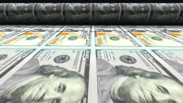 100 USD banknotes are being printed by press machine