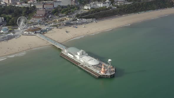 Slider establishing drone shot of Bournemouth pier and beach