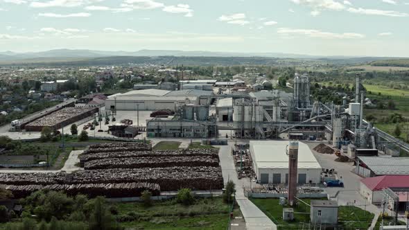 Aerial Wide Drone View. Factory Industrial Zone, Wood Processing Factory Warehouses, Workers Inside