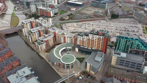 Aerial footage of the area in the Leeds City Centre known as Brewery Wharf in the UK