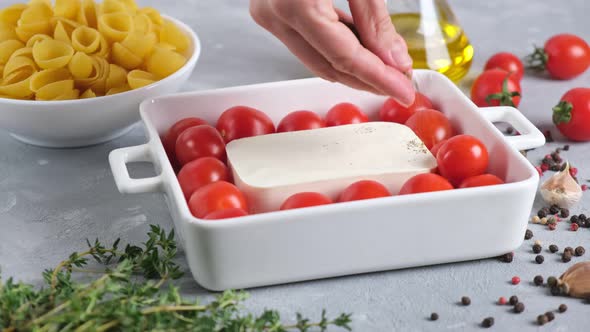 Preparation of ingredients for feta pasta.