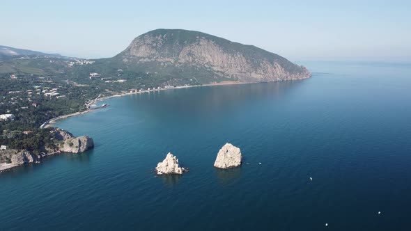 GURZUF CRIMEA Aerial Panoramic View on Gurzuf Bay with Bear Mountain AyuDag and Rocks Adalary Artek