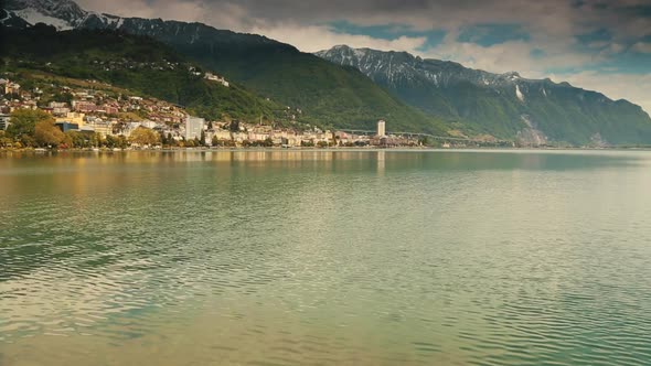 Panning shot across the bay of Montreux, Switzerland