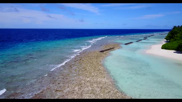 Aerial drone scenery of tropical sea view beach journey by turquoise ocean with bright sandy backgro