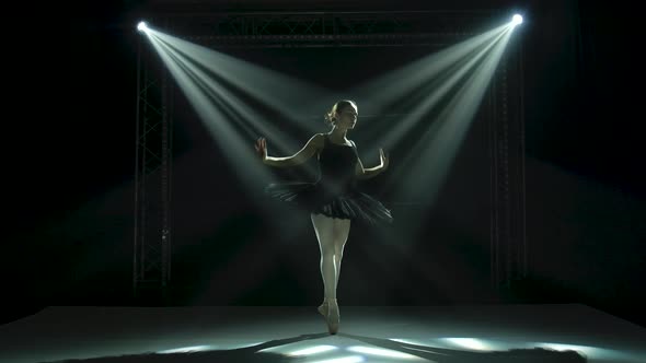 Silhouette a Young Ballerina in Black Tutu and Pointe Ballet Shoes. Graceful Dancing of Elements