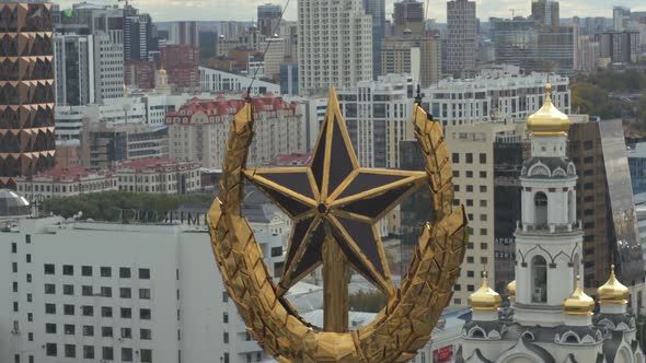Flight Over Moscow City Center with a Golden Star of Stalin High Rise Building