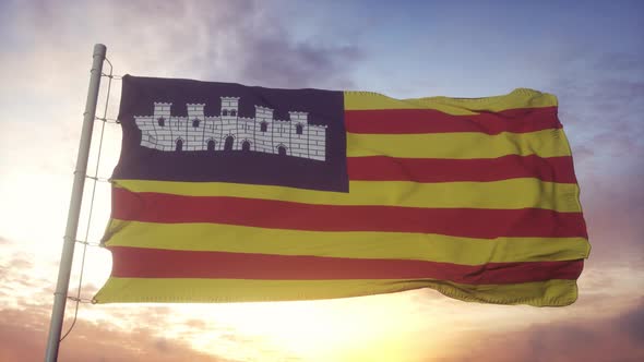 Balearic Islands Flag Spain Waving in the Wind Sky and Sun Background