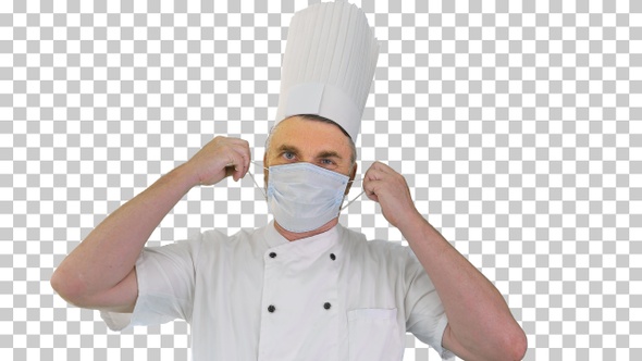 Male chef cook taking medical mask off, Alpha Channel