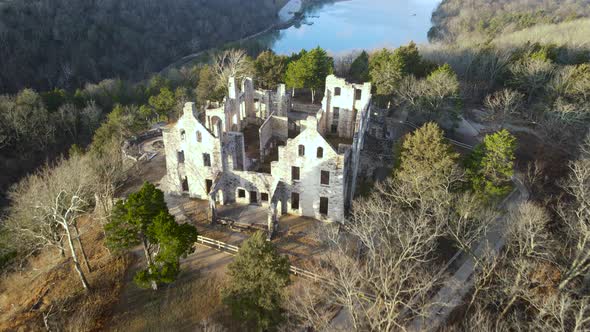 Abandoned Castle Ruins on Beautiful Cliff Landscape in Missouri, Aerial